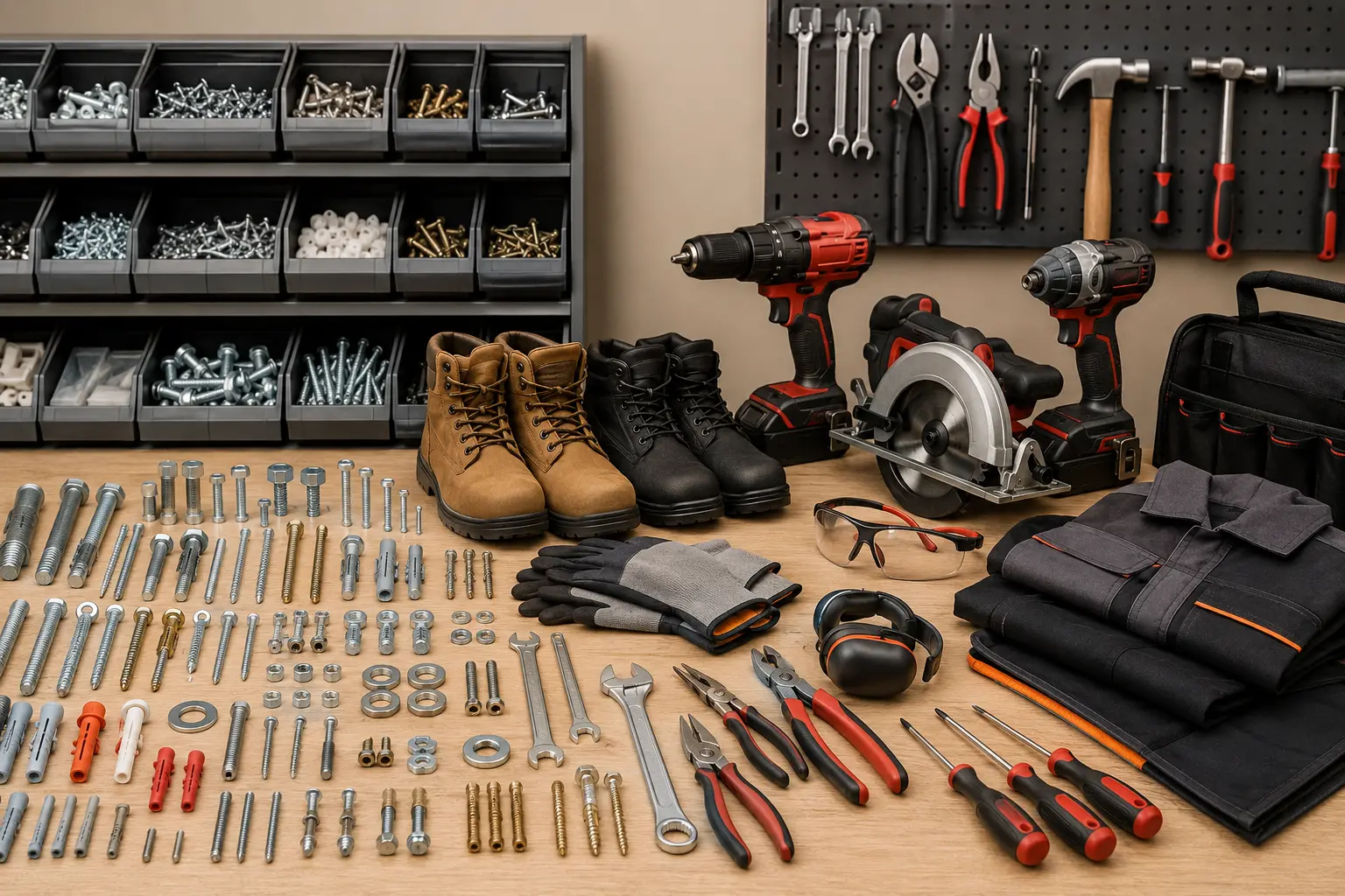 Wide range of fasteners, tools and safety gear