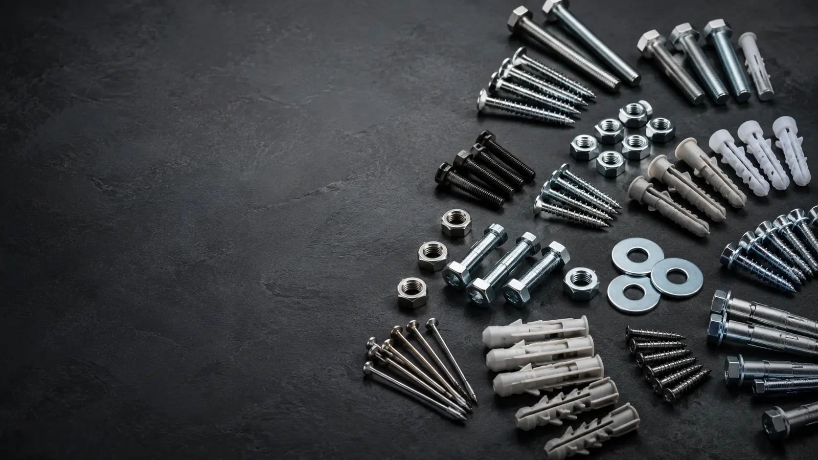 Fasteners range — nails, screws, bolts, nuts, washers, anchors and wall plugs