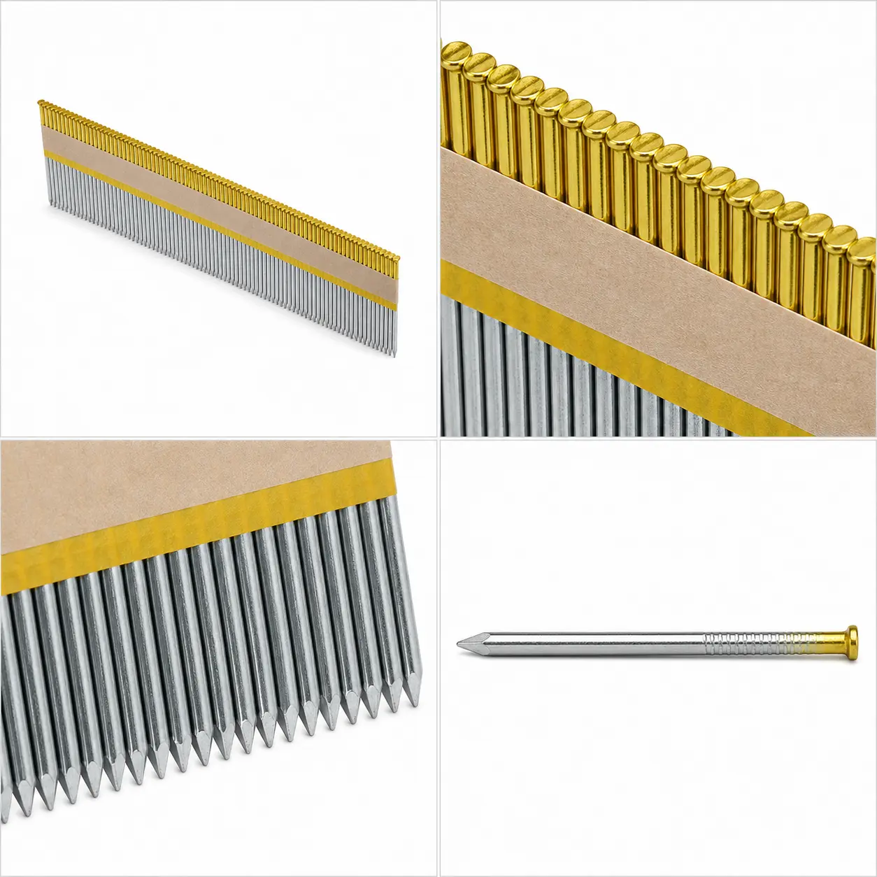 Close-up of 15-16 gauge finishing nails with small heads for countersinking