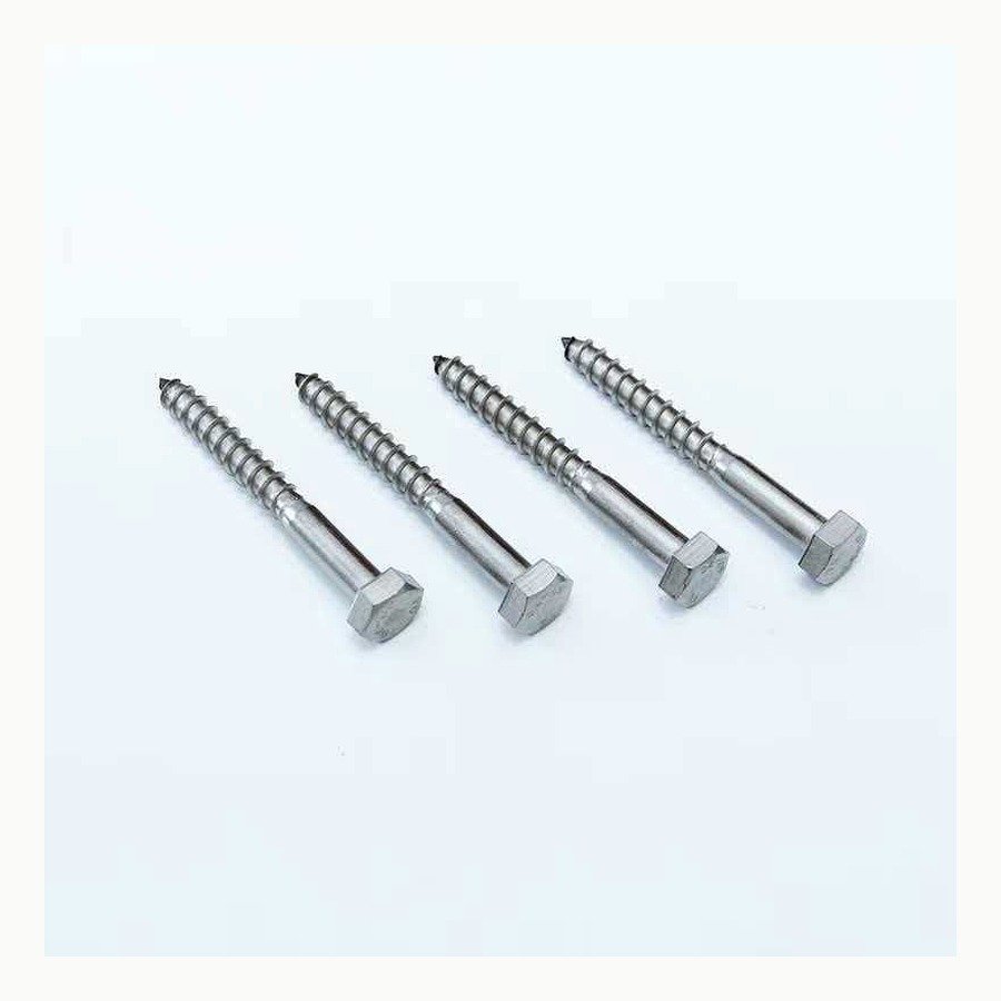 Stainless steel lag screws with hex heads and coarse wood thread