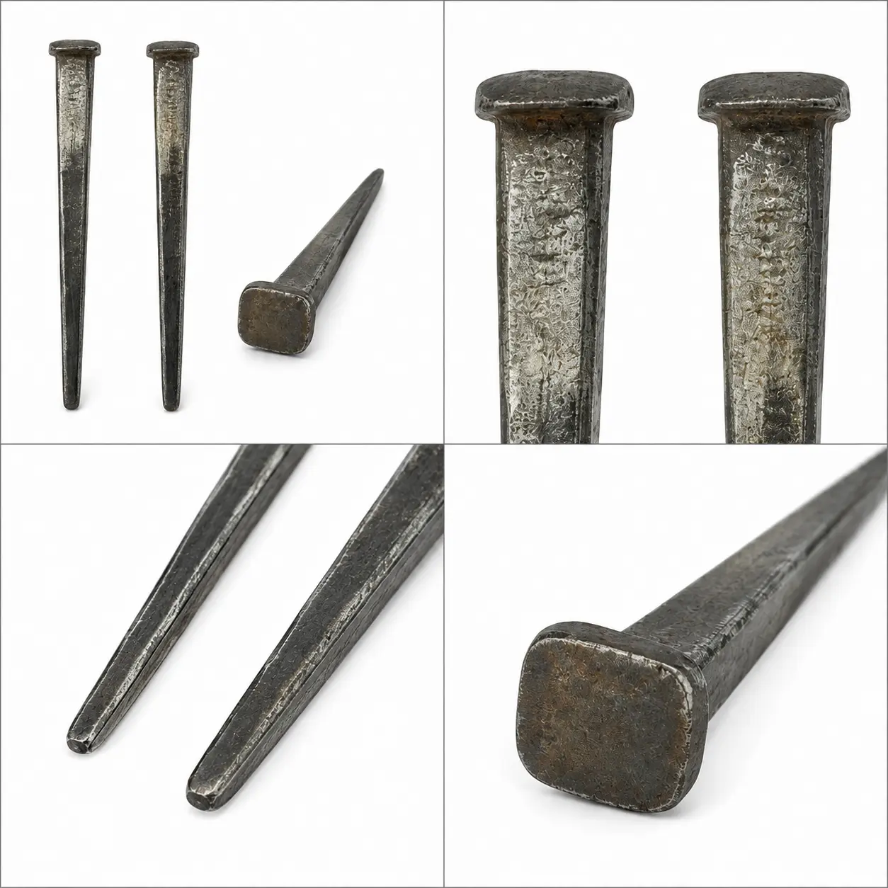 Close-up of rectangular cut nails showing the tapered wedge-shaped shank
