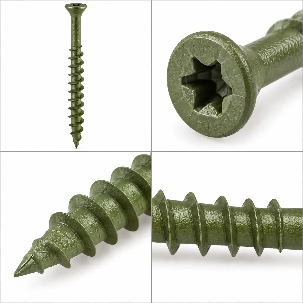 Close-up of a decking screw showing its drive recess, thread and pointed tip