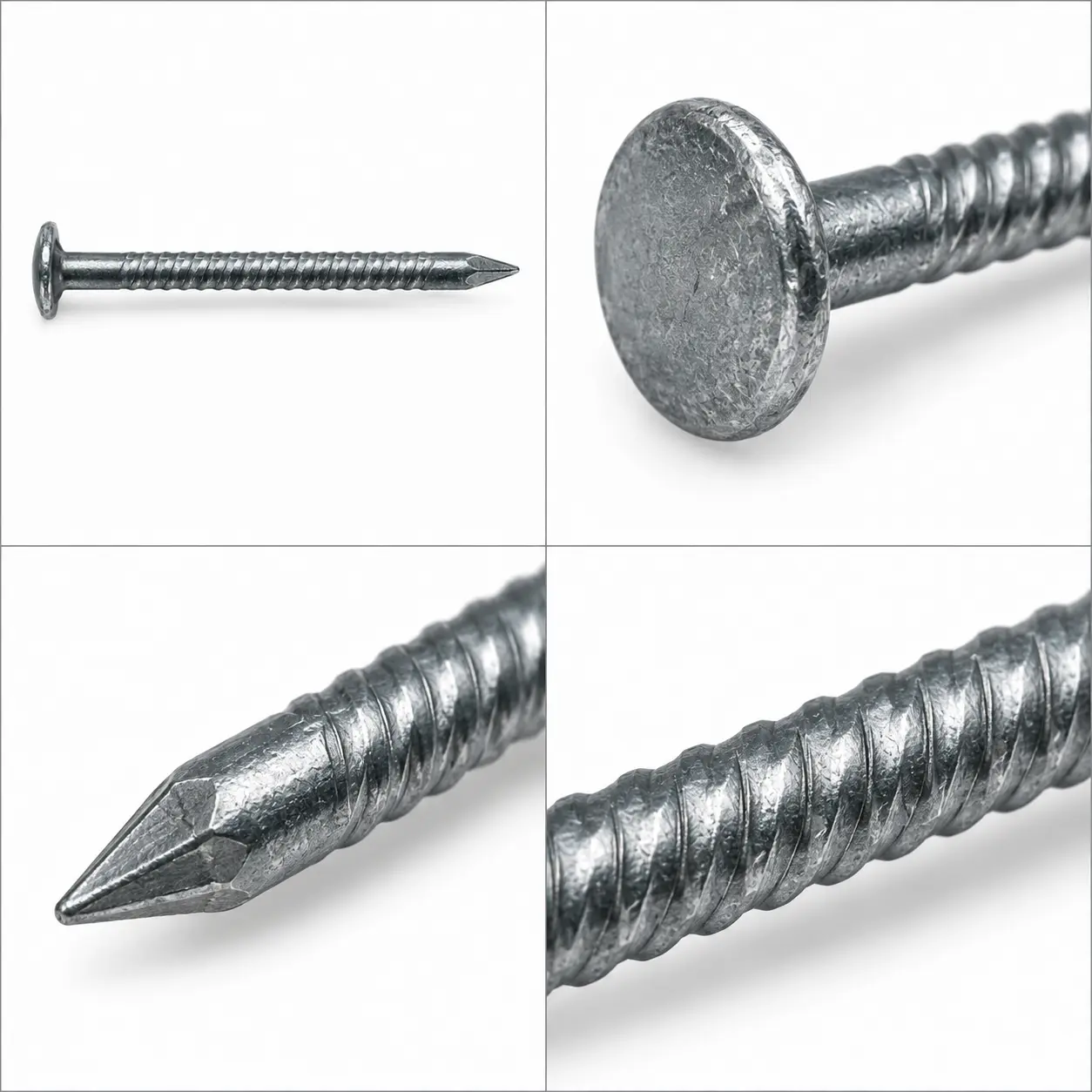 Close-up of a drywall nail showing its ring shank and diamond point