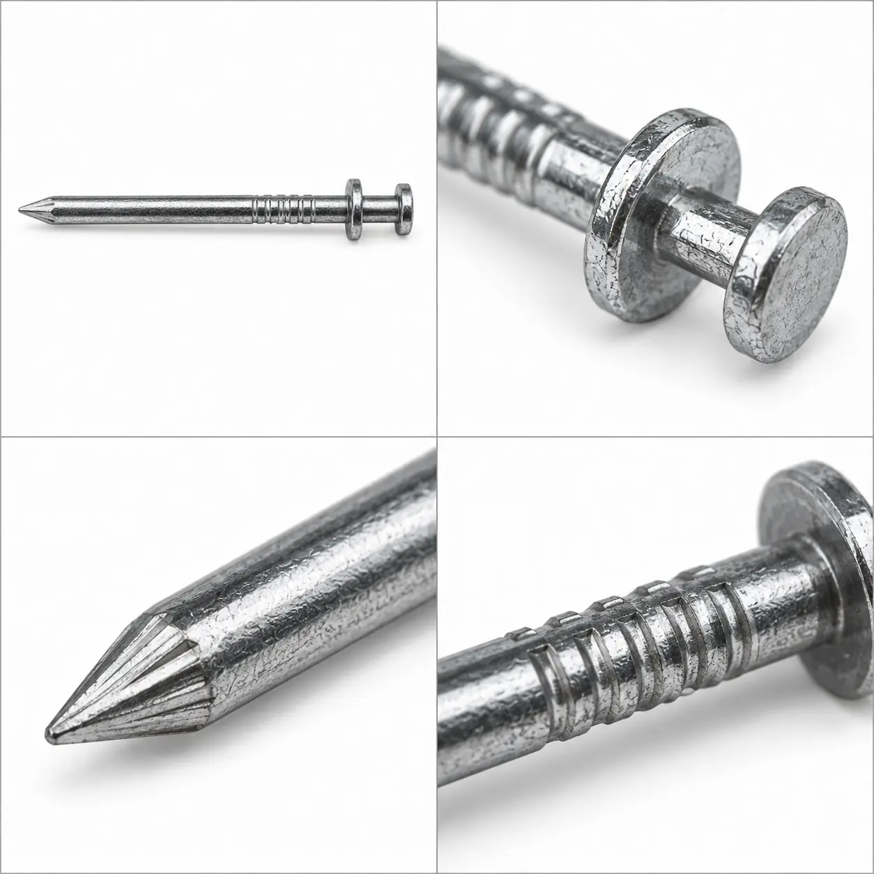 Close-up of a duplex nail showing two spaced heads and a smooth shank