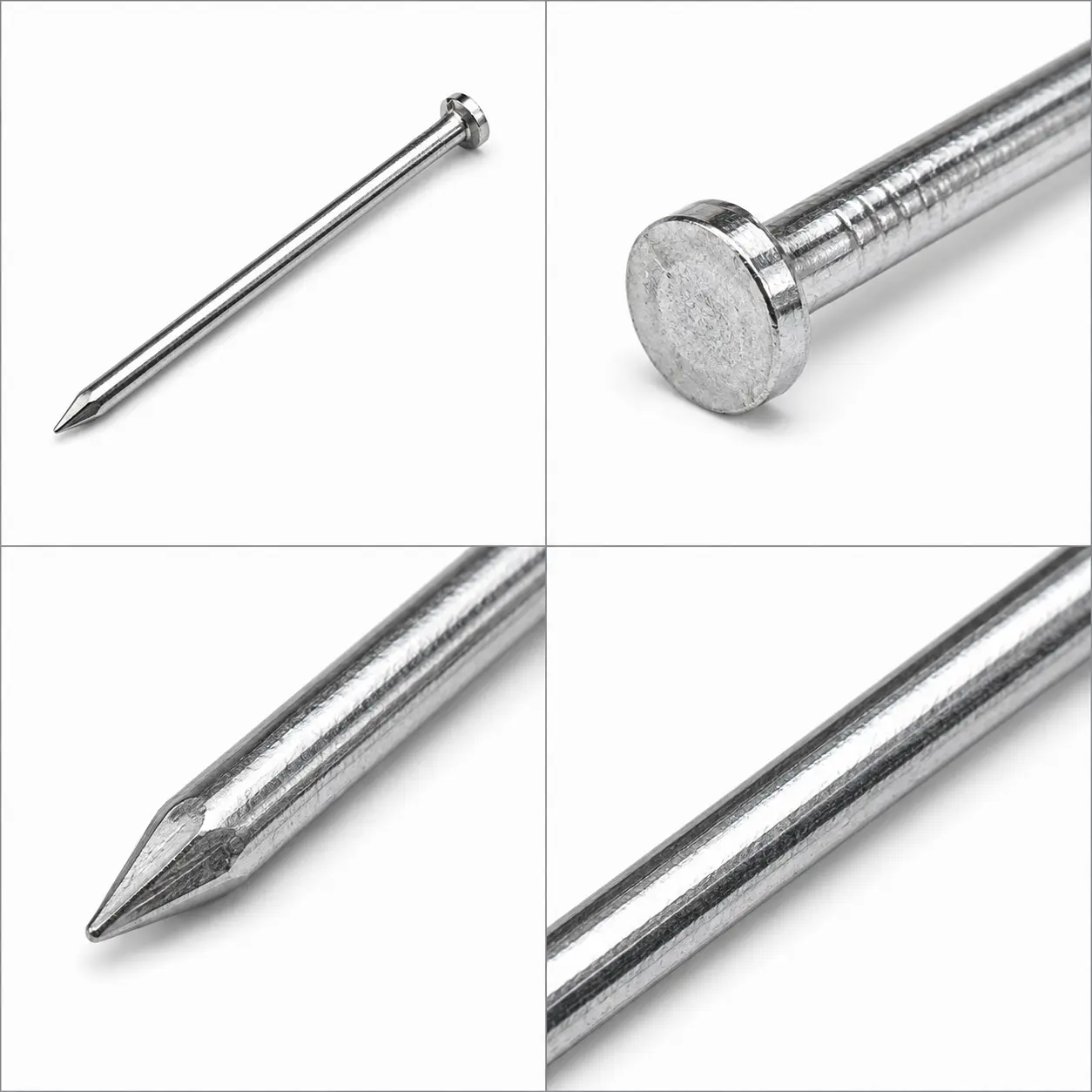 Close-up of concrete nails showing hardened steel grooved and fluted shanks