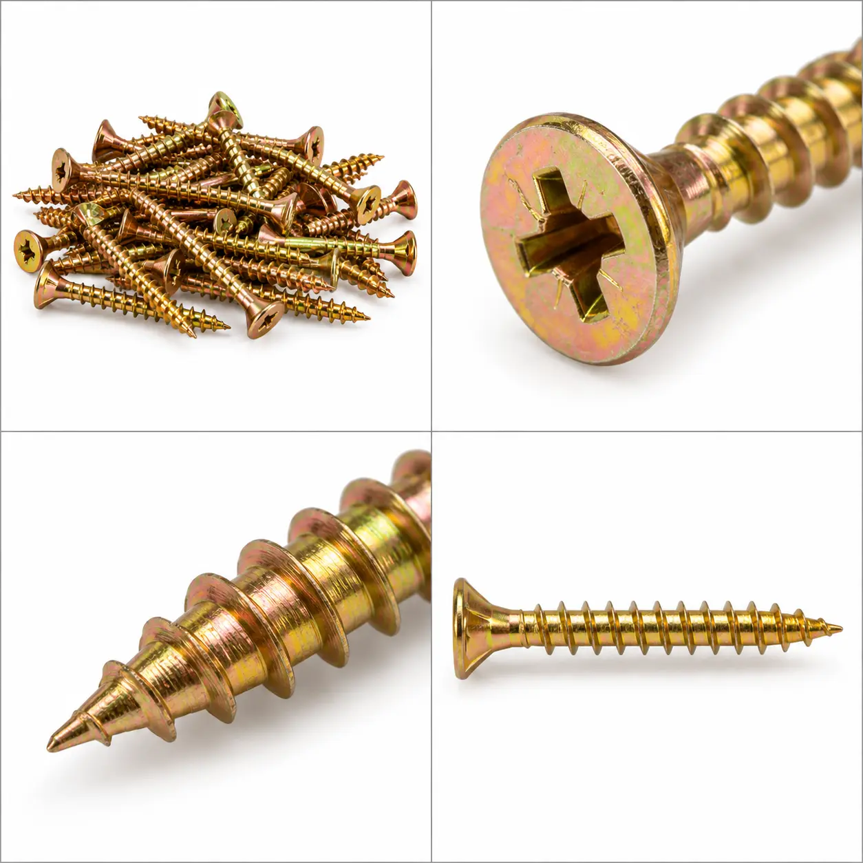 Close-up of a wood screw showing its coarse thread and pointed tip