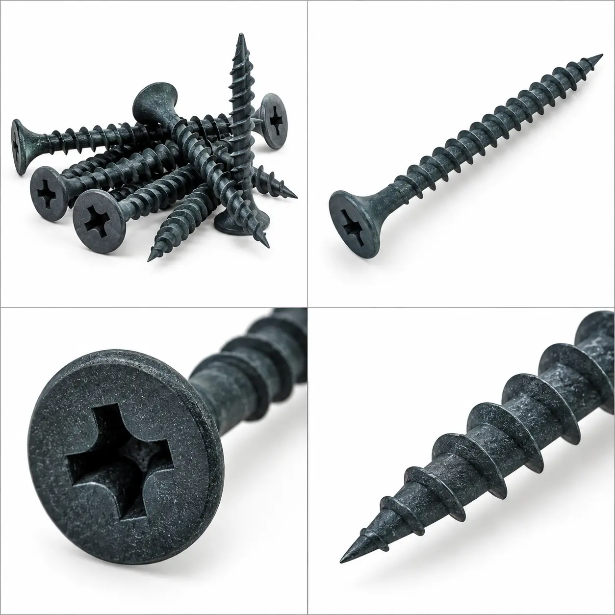 Close-up of a cement board screw showing its head, thread and point