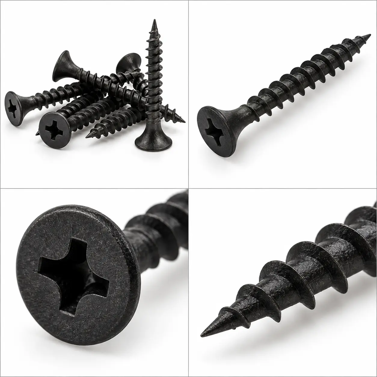 Close-up of a black drywall screw showing its bugle head and Phillips drive recess