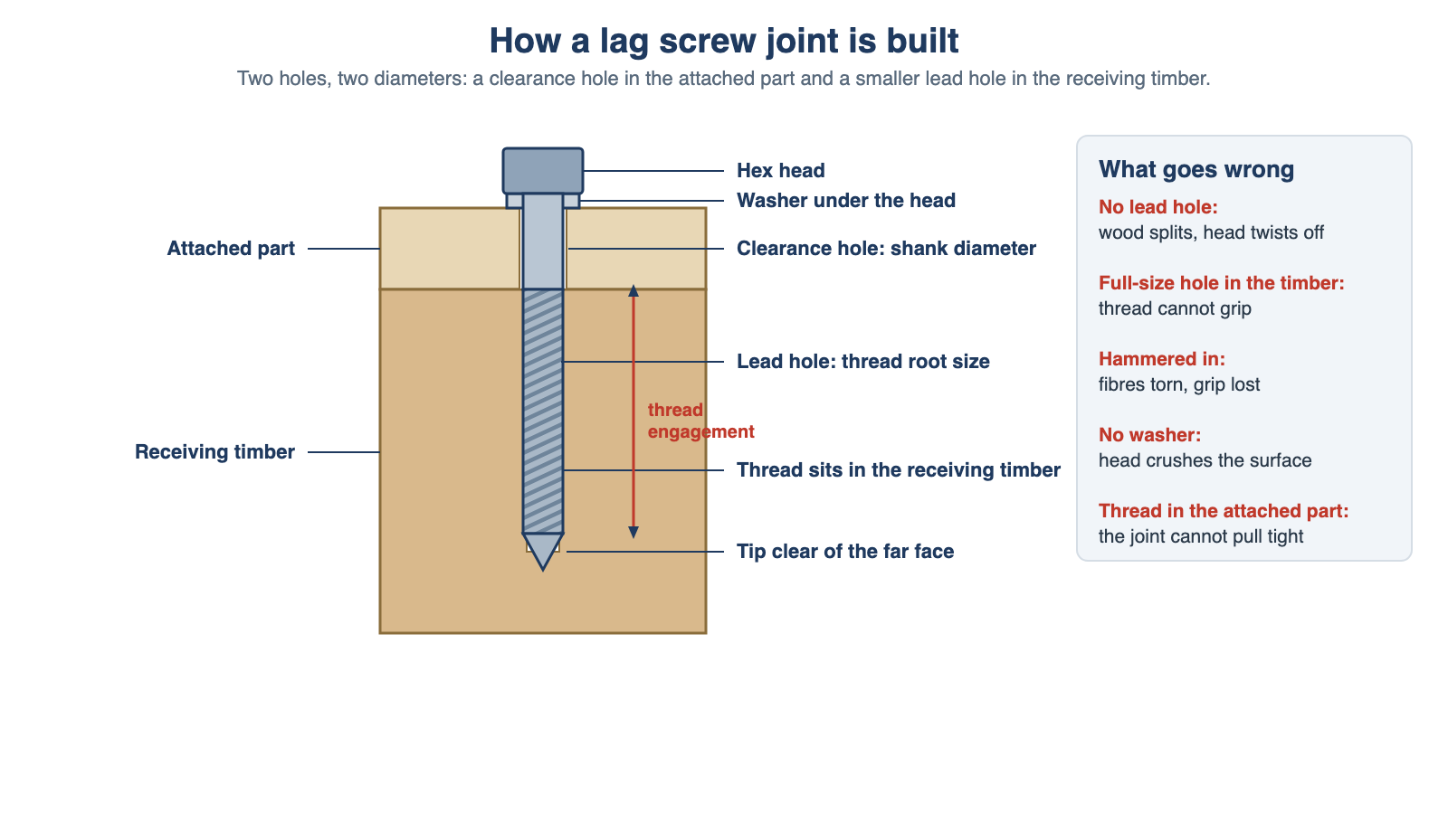 Lag screw joint cross-section showing the clearance hole in the attached part, the lead hole in the receiving timber, the washer and thread engagement