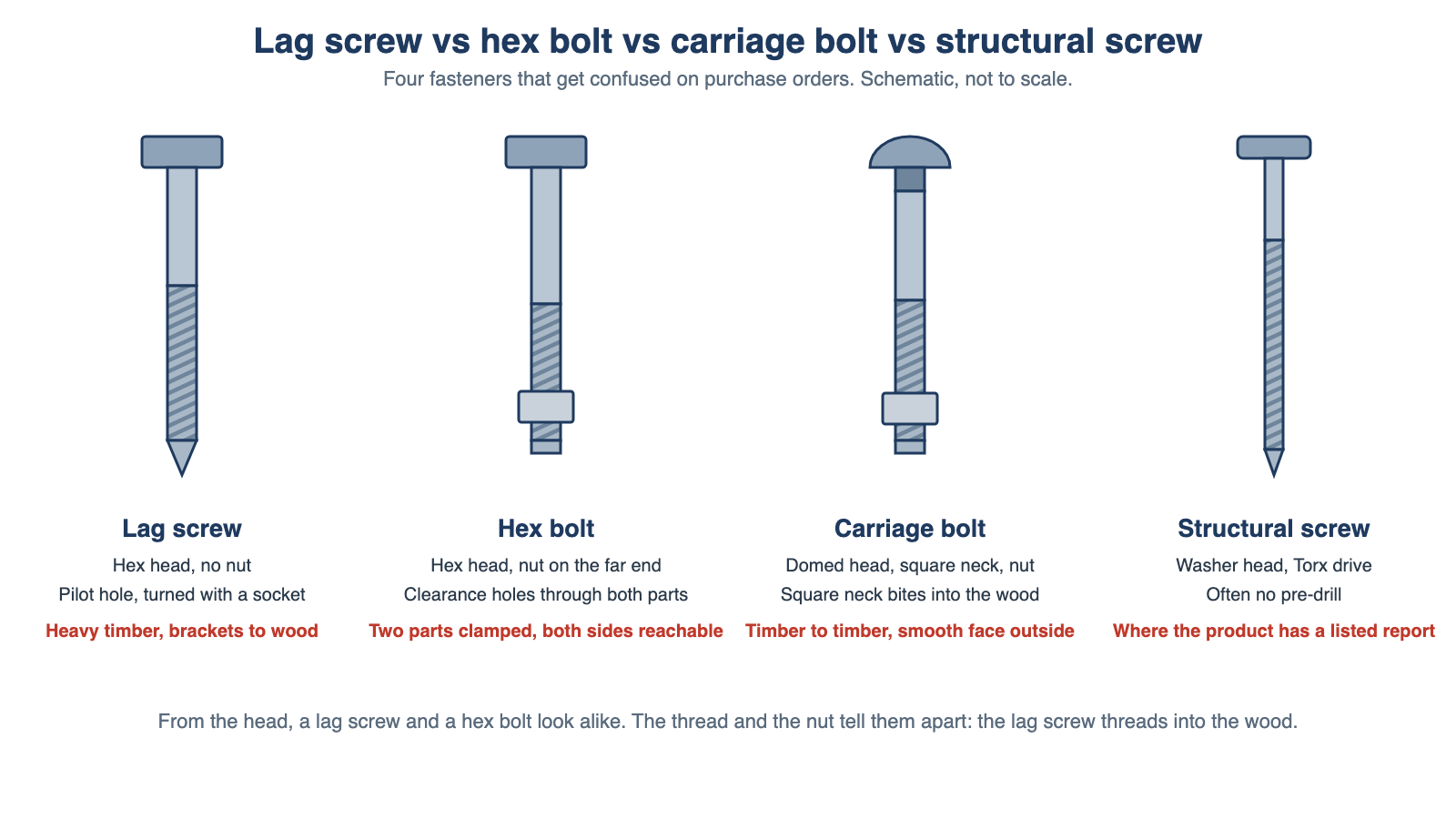 Comparison of a lag screw, hex bolt, carriage bolt and structural screw showing head, thread and nut differences