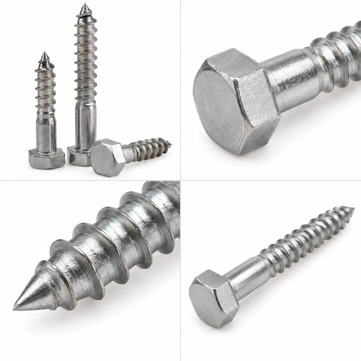 Close-up of a lag screw showing its hexagonal head, shank and coarse wood thread