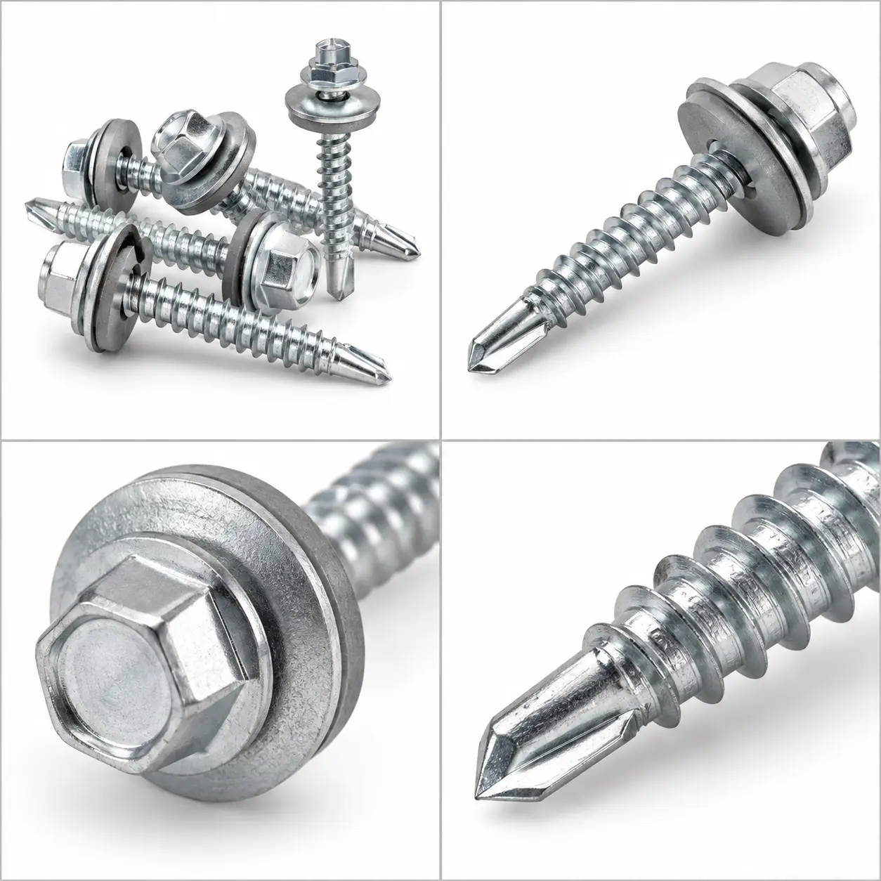 Close-up of a sheet metal screw showing its hex washer head, spaced thread and sharp point