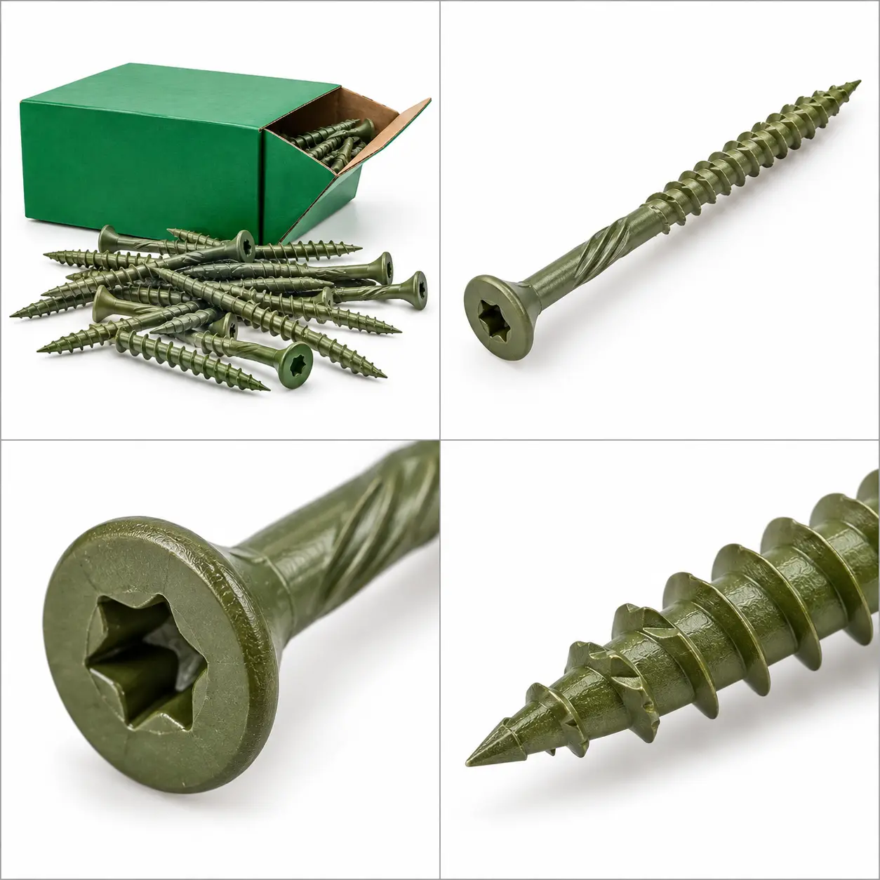 Close-up of a structural wood screw showing its head, drive recess and thread